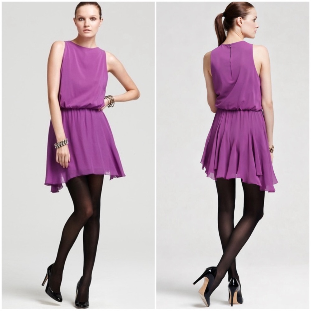 Alice + Olivia Rosie Silk Godet Blouson Dress in Purple